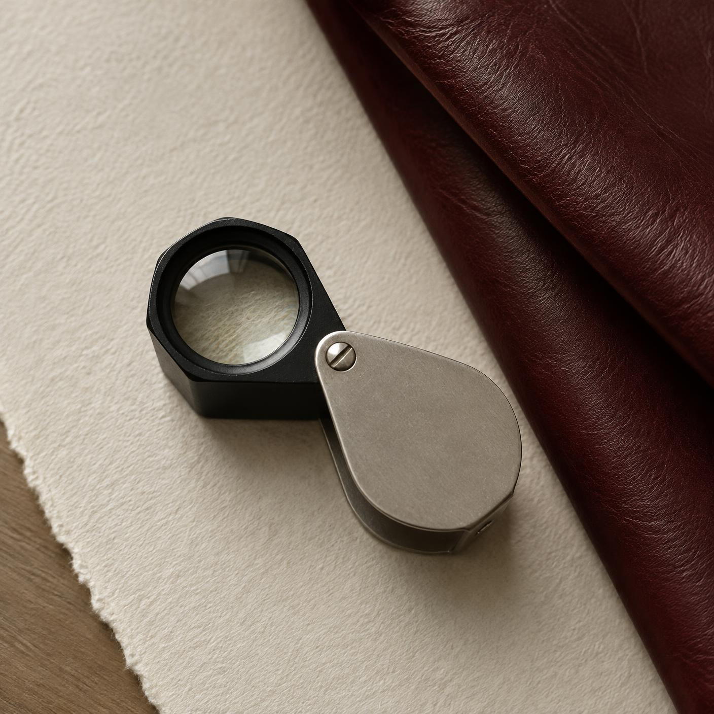 A loupe resting on textured paper beside oxblood leather